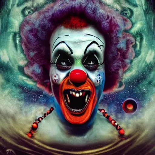 Image similar to Clown turning into a cosmic horror, Gothic Art, color, award-winning art, horror, scary, eerie, ominous, unnerving, 8k