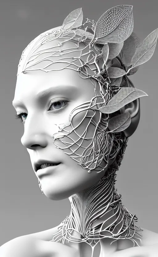 Prompt: complex 3d render of a beautiful porcelain profile woman face, vegetal dragon cyborg, 150 mm, beautiful natural soft light, rim light, silver details, magnolia leaves and stems, roots, fine lace, maze like, mandelbot fractal, anatomical, facial muscles, cable wires, microchip, elegant, highly detailed, white metallic armour, octane render, black and white, H.R. Giger style