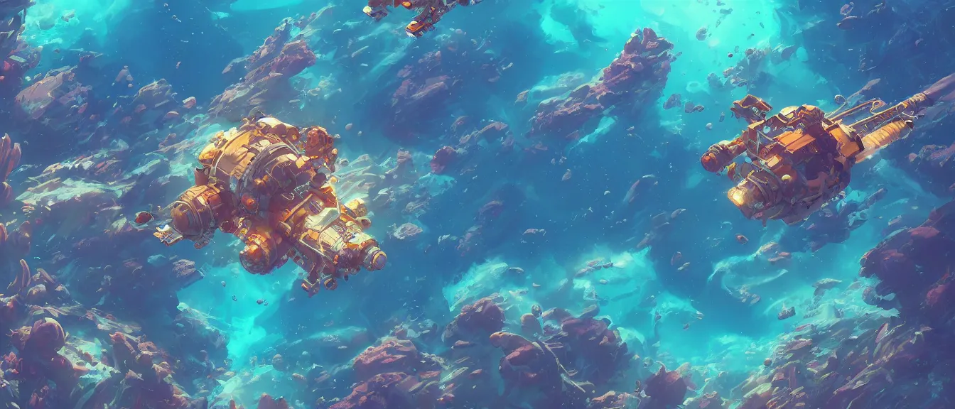 Image similar to underwater space station on a colorful ocean, unreal engine, fantasy art by greg, loish, rhads, ferdinand knab, makoto shinkai, lois van baarle, ilya kuvshinov, rossdraws, tom bagshaw, global illumination, radiant light, highly detailed intricate environment, isometric, onstudio ghibli, octane render, 8 k