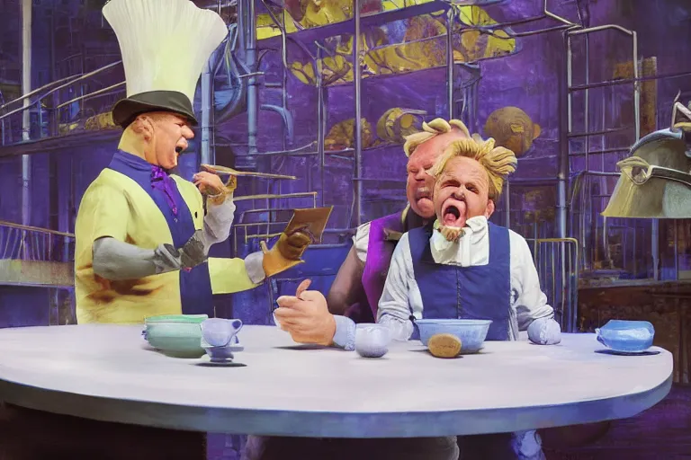 Prompt: A mixed media painting of gordon ramsay yelling at willy-wonka during a tour of the chocolate factory on kitchen nightmares, by Frank Frazetta, Greg Rutkowski, Beeple, post-processing, low angle, masterpiece, cinematic, isometric, volumetric lighting, oompa loompas in background