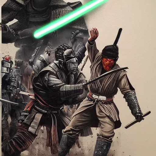 Prompt: highly detailed painting of a samurai battling zombies, gruesome, scary, sci-fi, hyper realistic, in the style of Star Wars, noir