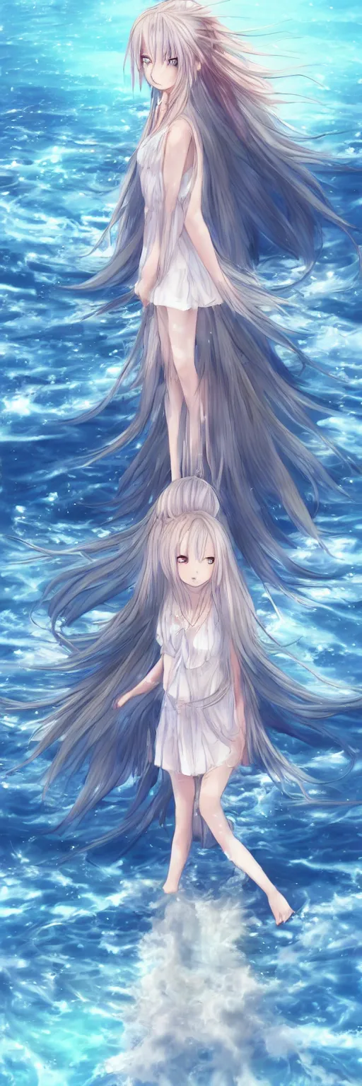 Prompt: advanced digital anime art, a very cute gorgeous teenage girl wearing a dress made of water standing in a reflective lake, full body, very long snow colored hair, sky blue highlights in hair, red fiery watery eyes, full round face, dramatic cinematic lighting, wideshot, highly intricately detailed, trending on pixiv, Artstation, painted by Rossdraws and the style of Sakimimichan