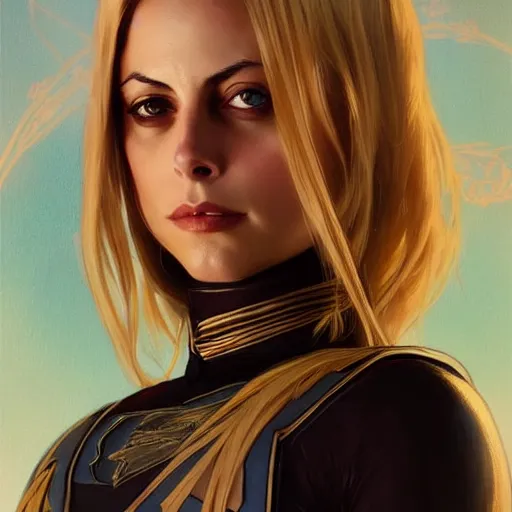 Image similar to Willa Holland with blonde hair as Super Girl, western, D&D, fantasy, intricate, elegant, highly detailed, digital painting, artstation, concept art, matte, sharp focus, illustration, art by Artgerm and Greg Rutkowski and Alphonse Mucha