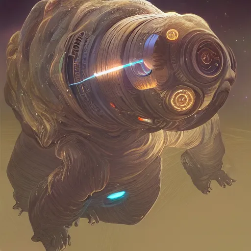 Prompt: detailed science - fiction tardigrade portrait of a tardigrade shooting lasers out of its eyes, intricate, wild, highly detailed, digital painting, artstation, concept art, smooth, sharp focus, illustration, art by artgerm and greg rutkowski and alphonse mucha