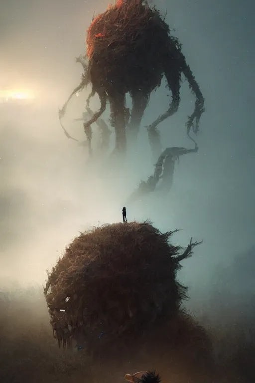 Image similar to A small person standing before a giant michanical beast by Greg Rutkowski, beeple, Sung Choi, Mitchell Mohrhauser, Maciej Kuciara, Johnson Ting, Maxim Verehin, Peter Konig, final fantasy, macro lens, 35mm, 8k photorealistic, cinematic lighting, HD, high details, dramatic, dark atmosphere, trending on artstation