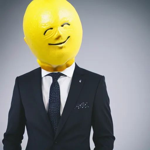 Image similar to a man wearing a suit lemon head