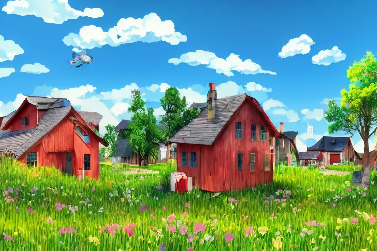 Prompt: rural houses sinking in the ground, clear blue sky, pop illustration, collage, anime style 4 k