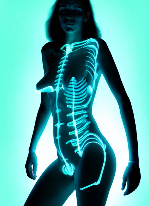 Prompt: female posing sensual figure x - ray, glowing veins under translucent skin, sigma 5 0 0 mm f / 5. bioluminescent, plasma, greg rutkowski, 8 k trending on artstation,