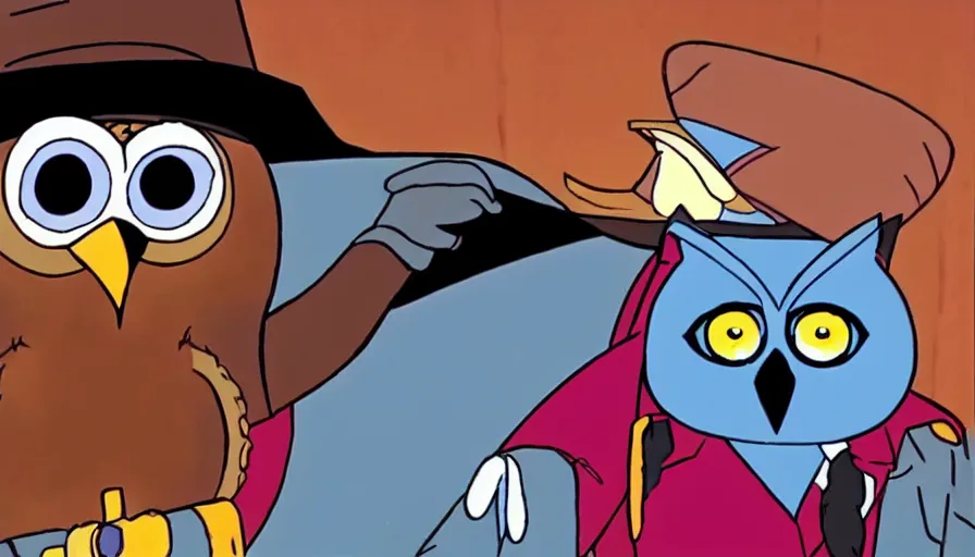 Image similar to saturday morning cartoon shot of an owl dressed as the lone ranger, screenshot from 1990s animated show