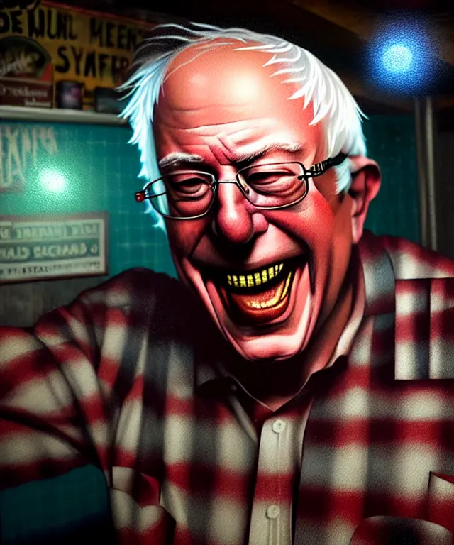 Prompt: hyperrealistic mixed media painting of Bernie Sanders as a laughing drunk, tattered plaid shirt, dimly lit dive bar, stunning 3d render inspired art by P. Craig Russell and Barry Windsor-Smith + perfect facial symmetry + dim volumetric lighting, 8k octane beautifully detailed render, post-processing, extremely hyperdetailed, intricate, epic composition, grim yet sparkling atmosphere, cinematic lighting + masterpiece, trending on artstation, very very detailed, masterpiece, stunning