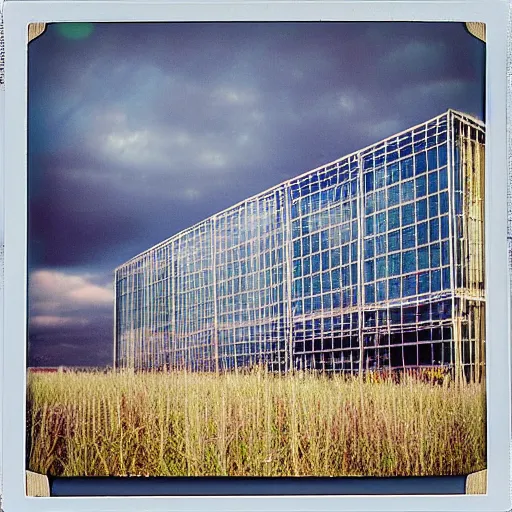 Prompt: a pastel coloured Polaroid photo of a large cube made of transparent neon perspex, each pane is a different colour stood in a field, beams of light, nostalgic