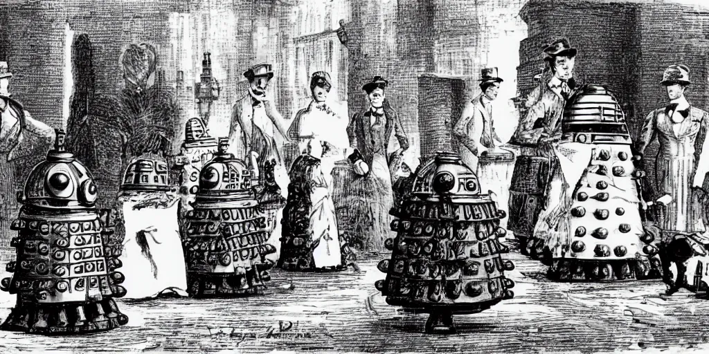 Prompt: Daleks attending a Victorian era tea party.