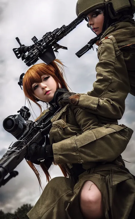 Prompt: an escalating violent firefight, highly detailed, high resolution, cosplay photo, stunning, girls frontline style, bokeh soft, 100mm, trending on instagram, by professional photographer, realistic human anatomy, real human faces, realistic military carrier, soldier clothing, modern warfare, realistic weapon, shot with a arriflex 35 ii, low saturation, small human eyes, improve picture from previous attempts