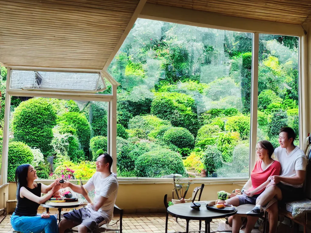 Prompt: couple sitting in garden room, wide angle, lens distortion, high contrast, cinecolor, soft lighting, multiple table fans placing around them, day light, happy mood