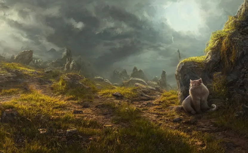 Image similar to a cat wearing a small satchel on an epic quest strolling through the landscape. painting, fantasy, fur shader, dramatic lighting, dawn, 8 k, sharp focus, global illumination, paid artwork, portfolio, detailed and intricate environment