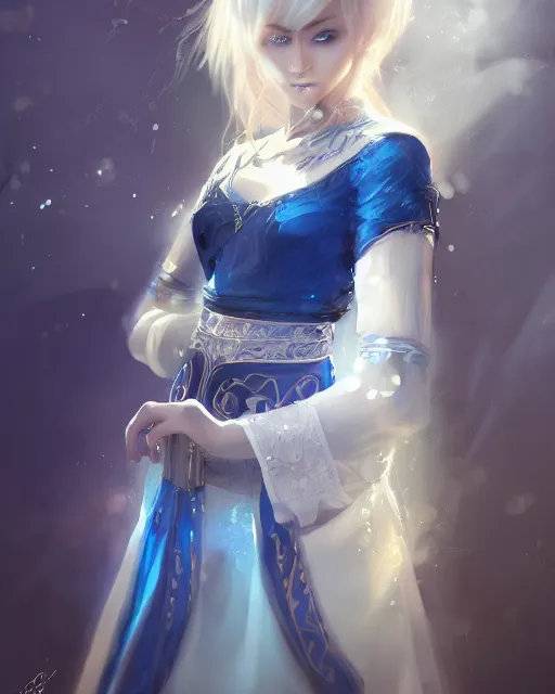 Image similar to A beautiful mysterious girl with cobalt-blue eyes and silky white hair, guitar shape build, her wardrobe is attractive, full body, fantasy art, in the style of Stanley Lau, illustration, epic art, fantasy, intricate, elgant, amazing detail, digital painting, artstation, concept art, smooth, sharp focus