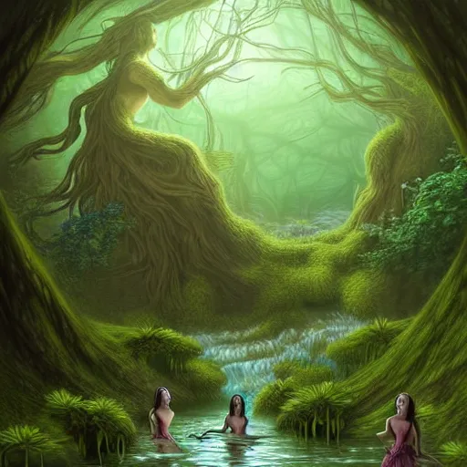 Prompt: beautiful digital fantasy illustration of A woody green field with a stream running through it, with a group of dryad women standing in the water. They seem to be preparing to submerge themselves in the cool, clear waters of the stream. a creepy creature standing in front of a mirror!, concept art by Alex Horley-Orlandelli!!, cgsociety contest winner!!!, gothic art,!!!!, cgsociety, official art, fantasy art, #vfxfriday, highly detailed, dynamic pose!!!!!, soft lighting, rendered in octane, masterpiece, very very very aesthetic