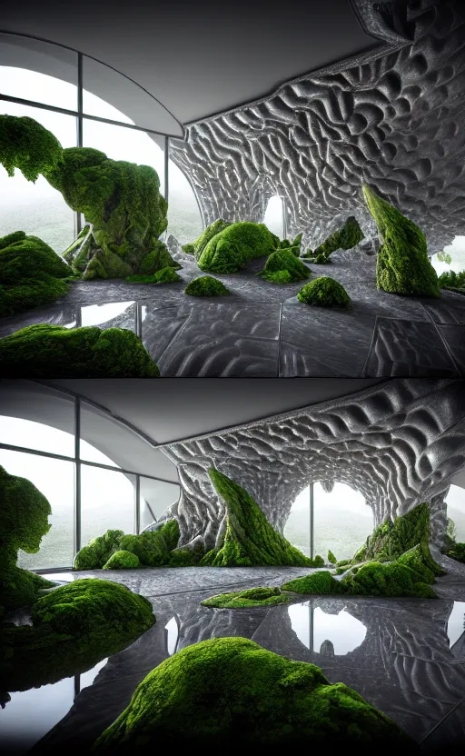 Image similar to highly detailed ultra sharp 3 d render villa interior cinematic composition of a smooth ceramic porcelain biomorphic magnolia stone nebula fluid fractal sci - fi surreal architecture landscape, granite, metallic, magnesium, marble, moss and lichen, vincent callebaut composition, mamou - mani, archviz, beautiful lighting, 8 k, unreal engine, hdr,