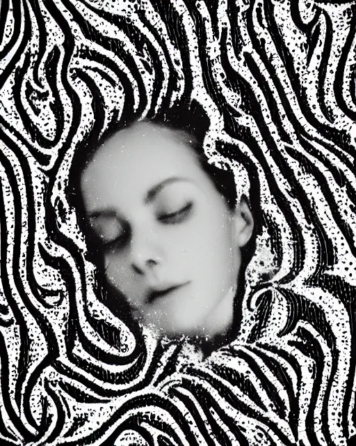 Prompt: oversaturated, burned, light leak, expired film, photo of a woman's serene face submerged in a flowery milkbath, rippling liquid, vintage glow, sun rays, black and white, glitched pattern, pointillism