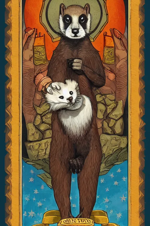 Prompt: tarot card illustration of the card the stoat, framed in an elaborate line border, tarot card, detailed illustration, weasels, furry art, artstation, 4 k