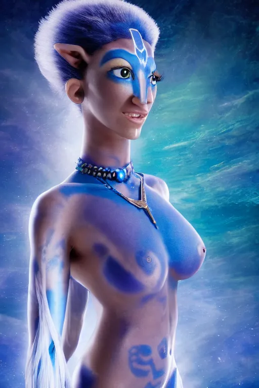 Image similar to photograph of a blue-skinned female navi from avatar, high resolution film still, 8k, HDR colors, cosplay, studio lighting, photo by bruce weber