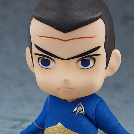 Image similar to spock from the tv series star trek, serious look, pointed ears, spock haircut, as an anime nendoroid, starfleet uniform, detailed product photo