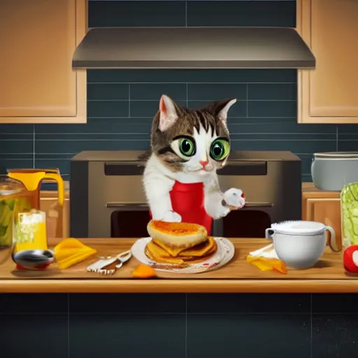 Image similar to a cute cat cooking a breakfast, highly detailed, masterful, cinematic