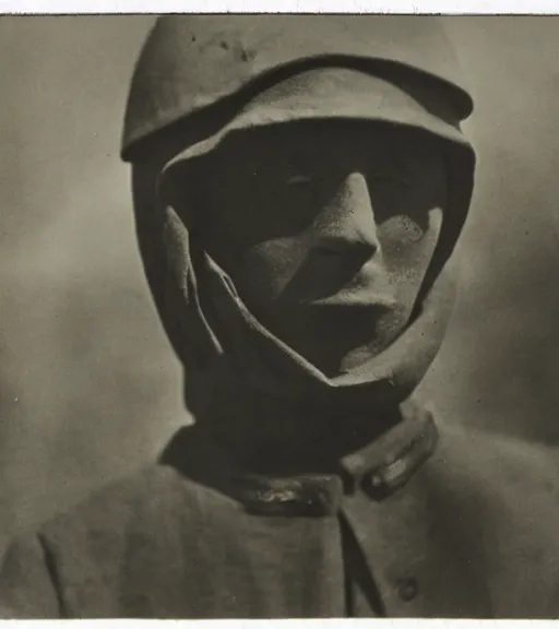 Prompt: a soldier wearing a cloth over face and head in distance, ww1 film photo, grainy, high detail, high resolution