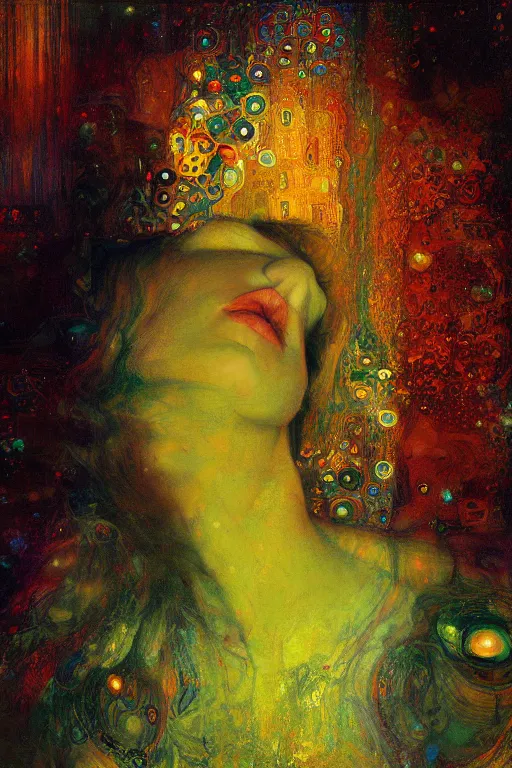 Prompt: a beautifull intricate painting of a disembodied soul surrounded by fractals, vivid colors, artstation, by jeremy mann, by gustav klimt,