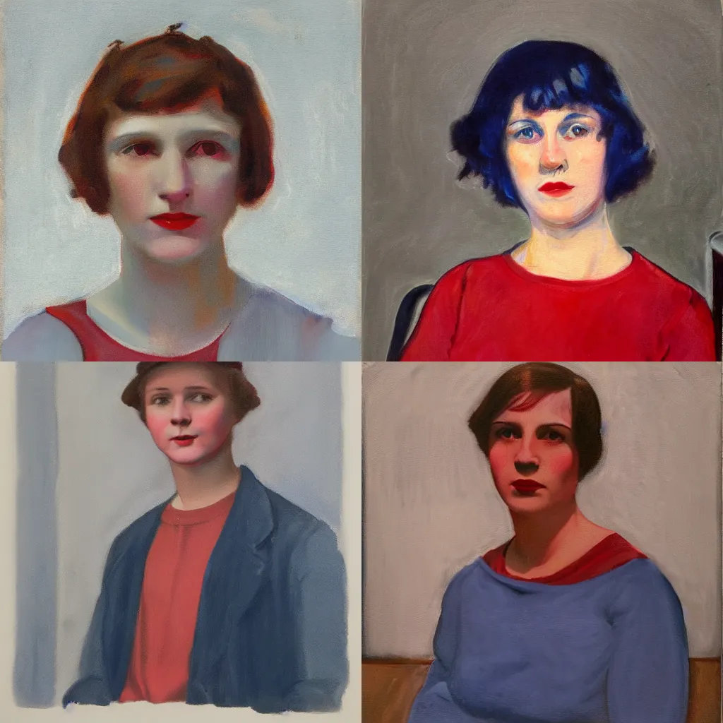 Prompt: portrait in the style of american realism ( 1 9 2 3 ), vermilion, titanium white, and indigo