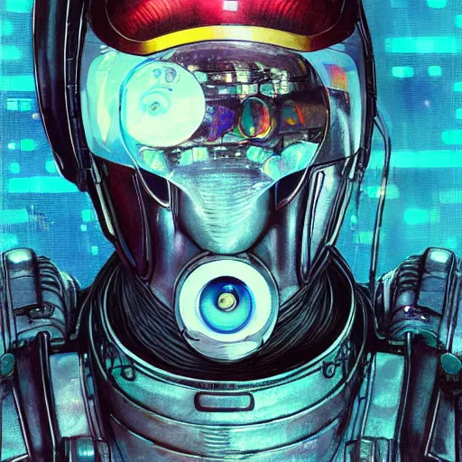 Prompt: realistic detailed cyberpunk close up portrait of a menacing warrior space pirate with shiny mendalorian space helmet by Anna and Elena Balbusso, Akira, Ghost in the Shell, studio Ghibli, anime Art Nouveau, rich deep vibrant colors, futuristic, sci-fi