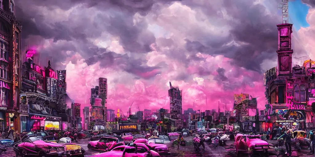 Prompt: oil painting, a lot of punks, pink, cool punk close - up, rich deep colors masterpiece, make a stunningly detailed art, neon, ultra detailed, contrast, heaven pink, lots of roman arches, punk rock with mohawks, clouds, sky, volumetric light, atmospheric lighting, dramatic, highly detailed, cinematic, moody, octane render 4 k, 8 k