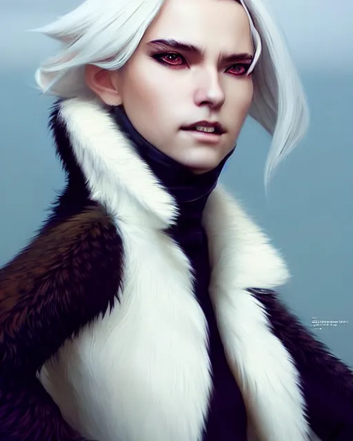 Image similar to dragon hunter wearing a fur - lined dragonhide jacket!!! beautiful and elegant white hair female!! symmetry, character concept art, sharp focus, illustration, artgerm!! greg rutkowski! wlop!! ilya kuvshinov!! charlie bowater! octane render, unreal engine 5! highly rendered!!