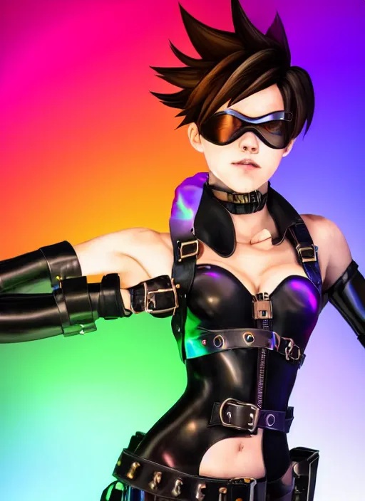 Image similar to full body digital artwork of tracer overwatch, wearing black iridescent rainbow latex, 4 k, expressive happy smug expression, makeup, in style of mark arian, wearing detailed black leather collar, wearing chains, black leather harness, leather cuffs around wrists, detailed face and eyes,