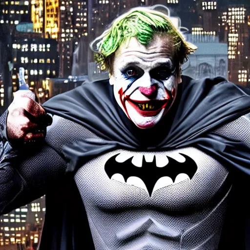 Image similar to batman movie scene boris johnson as the joker, super villain, dc comics, marvel, photorealistic, villain, 8 k