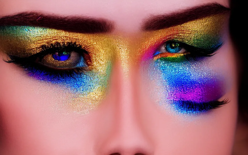 Prompt: closeup goldenhour photo of a pair of beautiful blue eyes of a woman with rainbow eyeshadow and ornate gold eyelashes, with rainbow light caustics