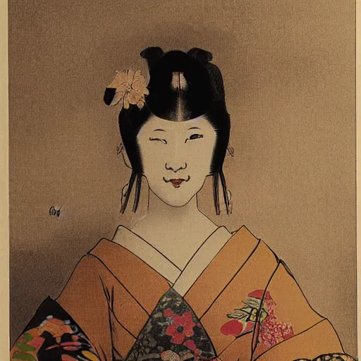 Prompt: japanese geisha in the style of the mona lisa, rembrandt, dali, geiger
