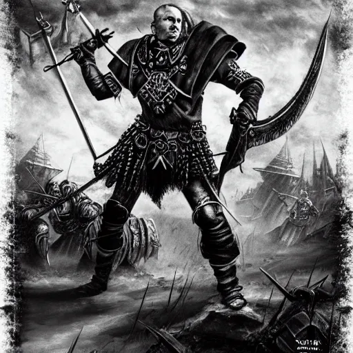 Prompt: raymond van barneveld in battle. warhammer fantasy artwork. black and white.