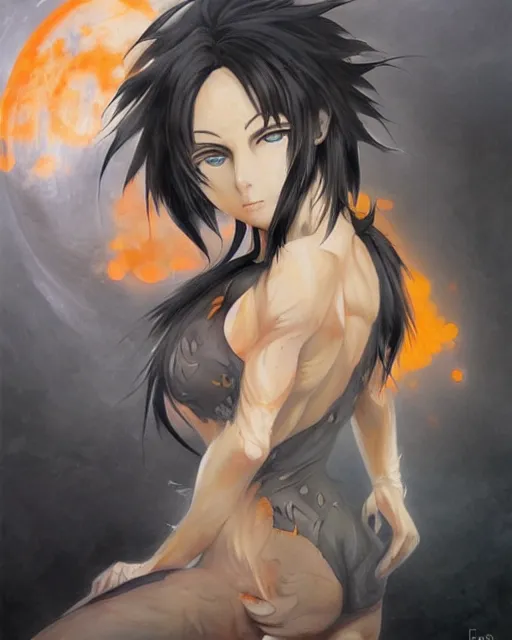 Image similar to anime wolfgirl with shaggy black hair, glowing orange eyes, grey skin and furry arms, oil painting, by Fernanda Suarez and and Edgar Maxence