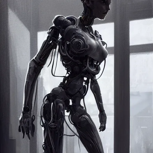 Image similar to concept art by greg rutkowski, a very tall and slender cyborg, talking to a short woman dressed in a utilitarian white and black jumpsuit, high tech and futuristic white walled environment, unnatural lighting, uncanny atmosphere, frightening and creepy atmosphere, scifi, highly detailed portrait, digital painting, artstation, concept art, smooth, sharp foccus ilustration, artstation hq