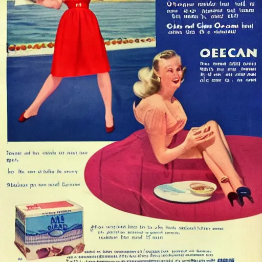 Prompt: 1950s advertisement for cake by the ocean