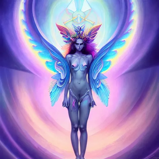 Image similar to psychedelic angelic celestial being artwork of peter mohrbacher, ayahuasca, energy body, sacred geometry, esoteric art, rainbow colors, realist, abstract and surreal art styles with anime and cartoon influences divinity