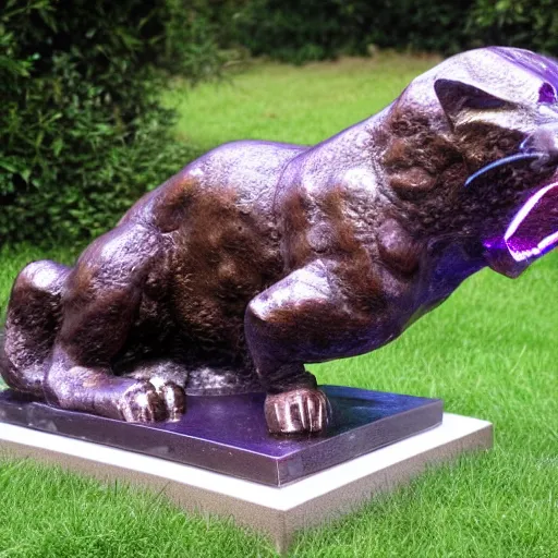 Prompt: Bronze Jaguar sculpture with glowing purple eyes