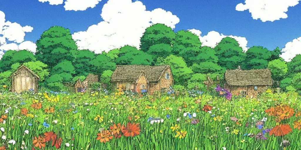 Image similar to an open field with wild flowers, with a small cottage in the distance, studio ghibli