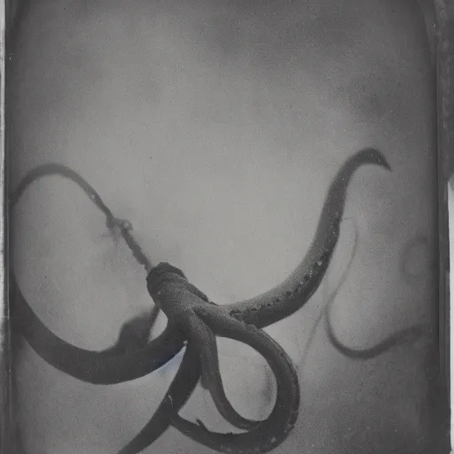 Image similar to underwater tintype photo of a giant squid