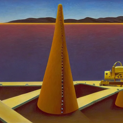 Image similar to hardened drill ship boring to the center of the earth, magma, core, heat, comedic, dystopian, grant wood, pj crook, edward hopper, oil on canvas