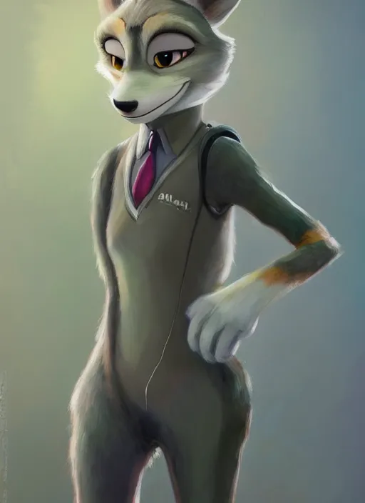 Image similar to oil painting detailed full body of anthromorphic female wolf, in style of zootopia, zootopia, zootopia, fursona, furry, furaffinity, 4 k, deviantart, furry art, fursona art, wearing astronaut outfit, in style of zootopia, wolf fursona, cyberpunk, female, expressive, detailed feminine face,