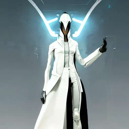 Image similar to full body portrait of a character in futuristic sleek clothes, white tailcoat, wearing a white insectoid mask with many lenses for eyes, dramatic lighting, illustration by Greg rutkowski, yoji shinkawa, 4k, digital art, concept art, trending on artstation