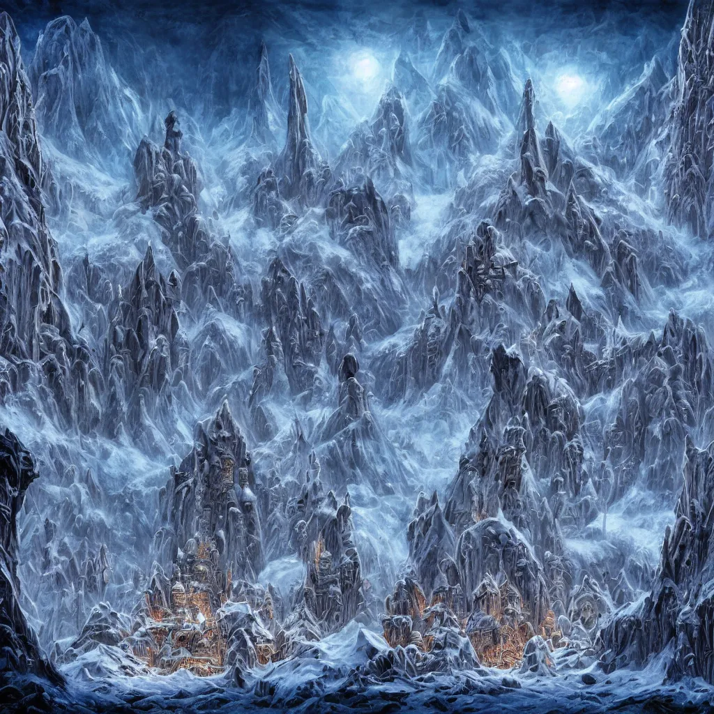 Prompt: frozen ancient alien cityscape in the mountains of antarctica, upward cinematic angle, by rodney matthews, michael kaluta, and john byrne, fantasy art, evil atmosphere, winter night aesthetics, stunning composition, alien faces, monstrous behemoth statues, intricate, strange, elegant, digital art, hyperdetailed towers, colorful hyperrealism, brilliant photorealism, masterpiece, 8k