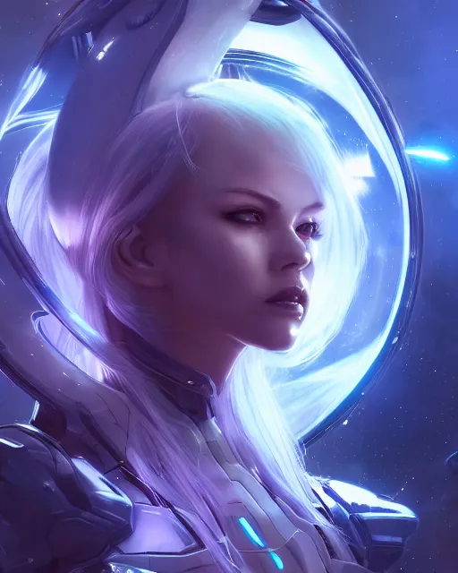 Image similar to perfect android girl on a mothership, warframe armor, beautiful face, scifi, futuristic, galaxy, nebula, raytracing, dreamy, long white hair, blue cyborg eyes, sharp focus, cinematic lighting, highly detailed, artstation, divine, by gauthier leblanc, kazuya takahashi, huifeng huang